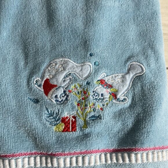 2-Classic Cato Holiday Blue Manatee Santa Christmas Bath Hand Towels Embroidered - Picture 2 of 4